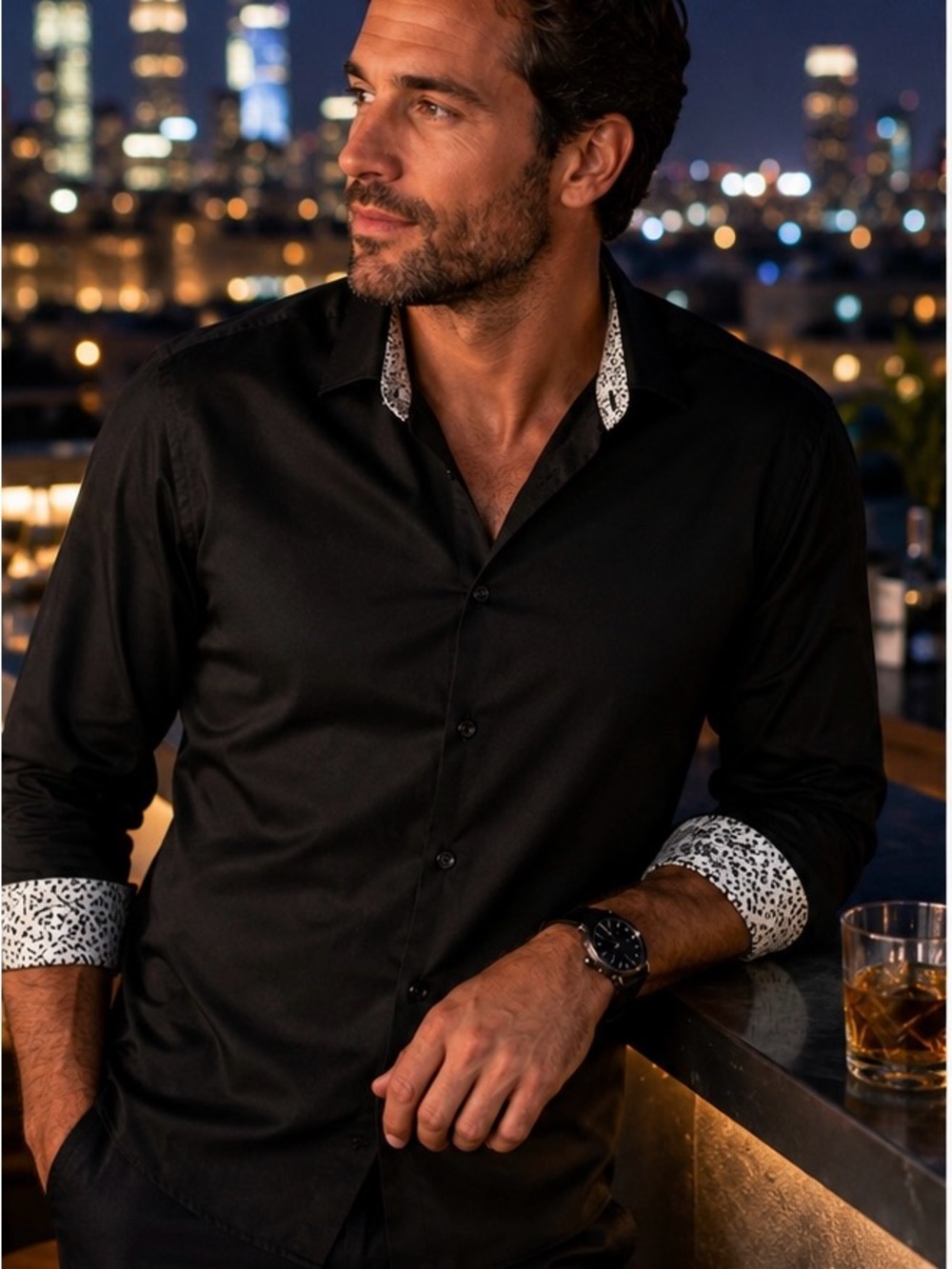 Nine West Slim Fit Black Button Down Shirt XL Contrast Collar